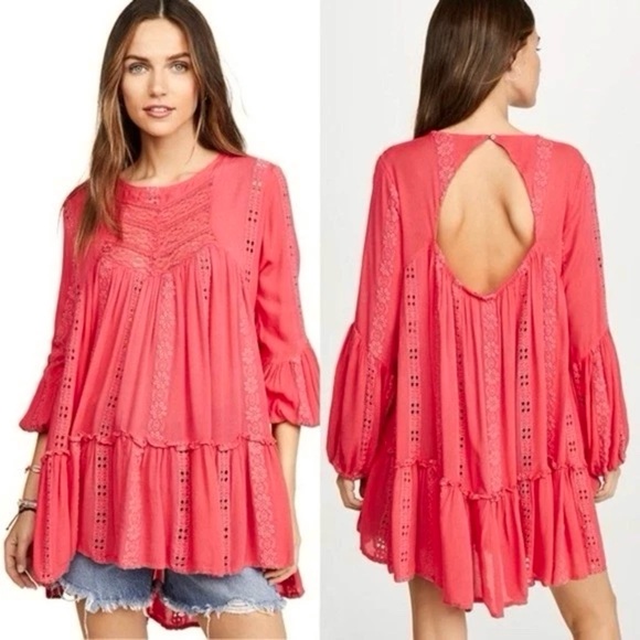Free People Tops - Free People Sweetest Dream Tunic Top L Coral Pink Boho Open Back NWT